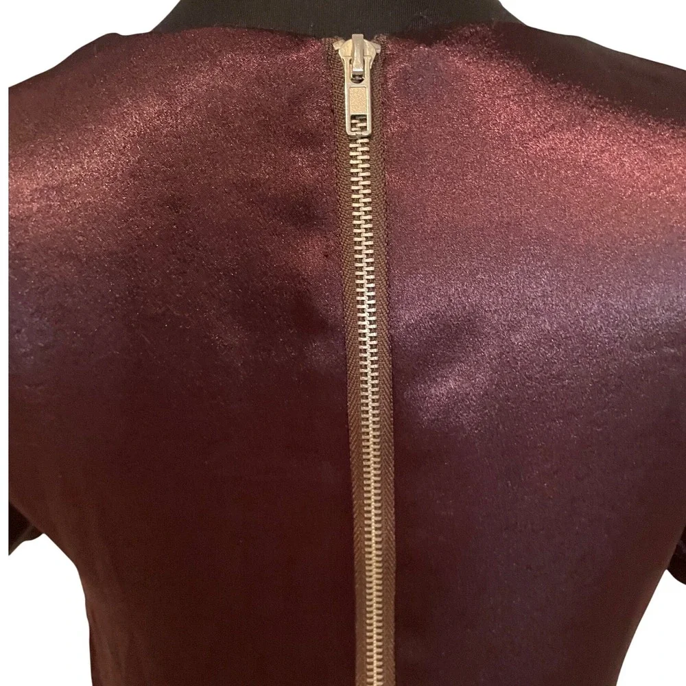 Olivaceous Burgundy Satin Shift Dress Short Sleeve Back Zip Size‎ S Cocktail